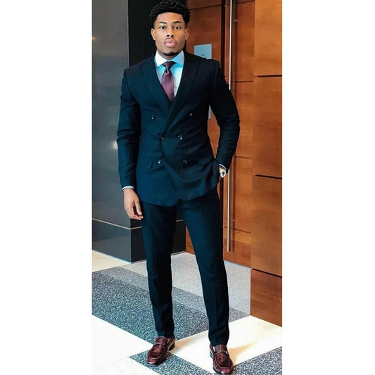 Tuxedo for Mens: Men's Stripe Double Breasted Buttons Peak Lapel Tuxedo