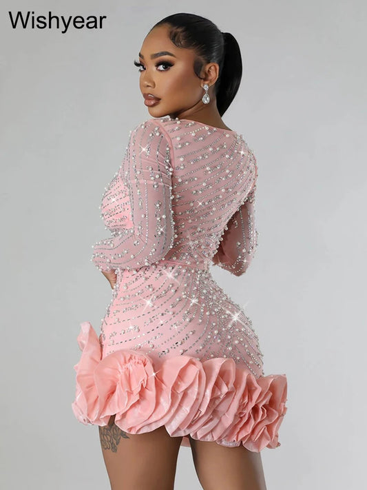 Formal attire Dresses: Evening Rhinestone Pearls Bodycon Ruffle Mini Dress