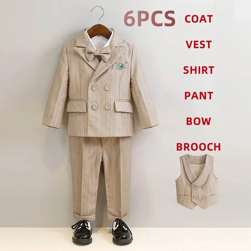 Children's Boys Khaki Striped Suit Set Formal Luxurious Kids Boys Wedding Suit Elegant Kids Boy Suit 1-10Y Boys Suits Outfit Set