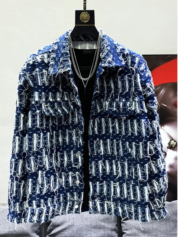 Hollow Out Hole Denim Jackets For Men Solid Loose Single Breasted Tassels Burr Coat