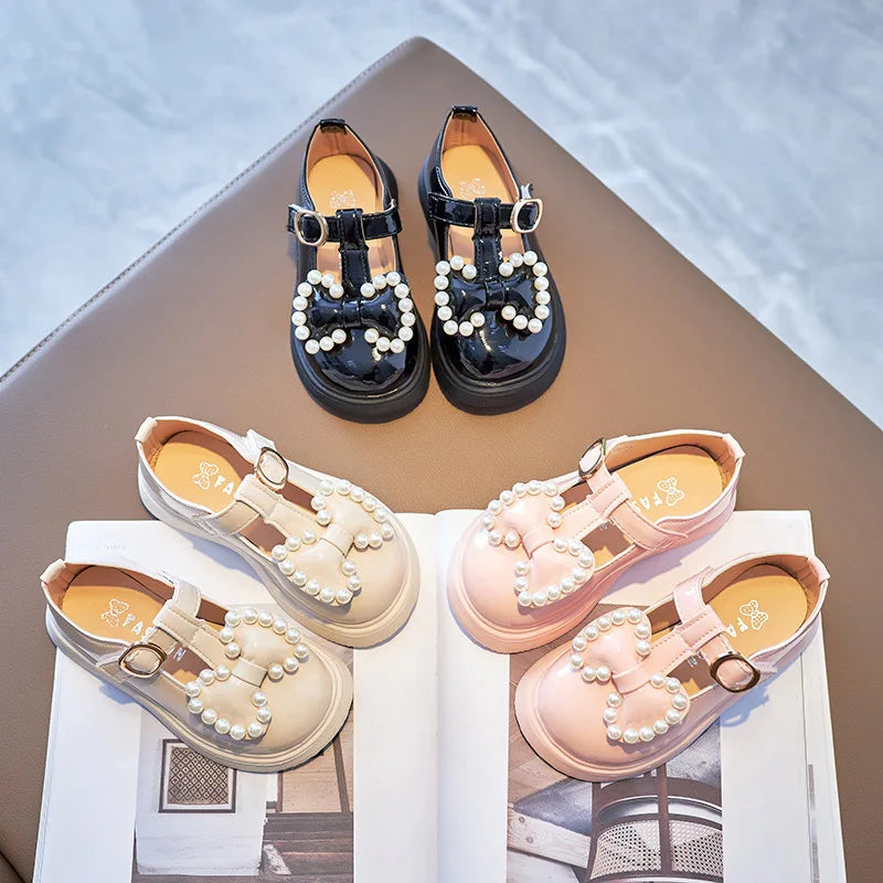 Spring Autumn Girls Leather Shoes with Bow-knot Pearls Beading Princess Sweet Cute