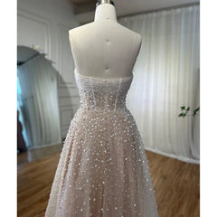 Homecoming Dresses: Beige Strapless Beaded Elegant A Line Long Evening Dresses