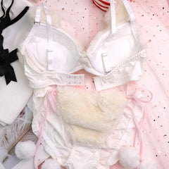 Womens Lolita Kawaii 2pcs Bra Panty Set Cute Bear Embroidery Fluffy Faux