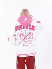 Jackets Men Embroidery Baseball Jacket removable Hat Spliced PU Leather