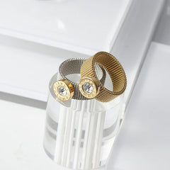 Gold Color Stainless Steel Ring Big Round Crystal Mesh Finger Ring Roman