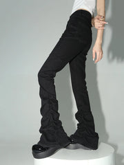 Black Ruched Flare Jeans Women Solid Stretch Bootcut Stacked Pants