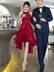 Homecoming Dresses: Short Front Long Back Applique lace Evening Gowns