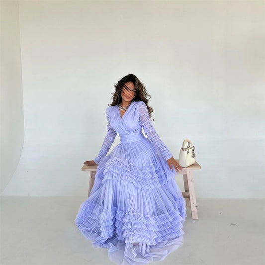 Homecoming Dresses: Prom Dress V Neck Long Sleeve Tulle Formal Occasion