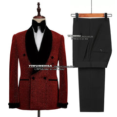 Glitter Red Sequins Mens Suits Groom Wedding Tuxedo Double Breasted Blazer