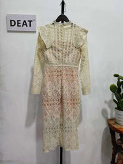 Formal attire Dresses: Women Hollow Out Dress Full Sleeves Patchwork Single Buttons