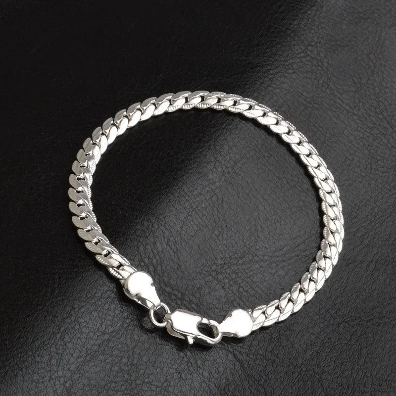 925 Sterling Silver Bracelet 6mm 18/20cm Flat Side Chain Lobster Clasp Bracelet For Woman Man Party Wedding Jewelry Holiday Gift