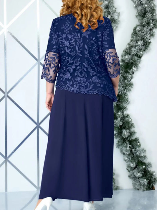 Plus Size Women Clothing Spring Summer Embroidery Fake Two Piece Party Dress