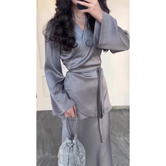 Women's V Neck Satin Dress Elegant Long Sleeve Elastic High Waist