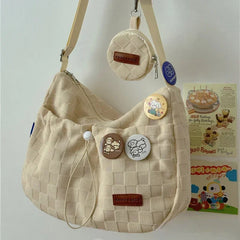 Harajuku Style College Crossbody Bag Solid Color Plaid Print Large Capacity