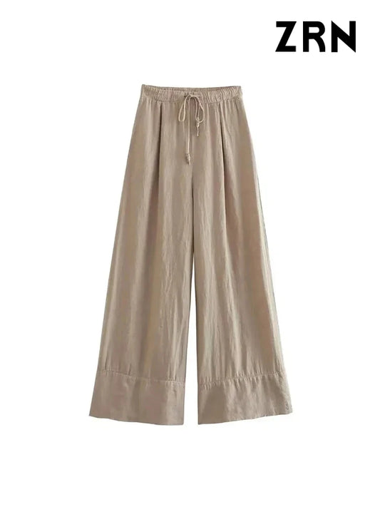 Women Fashion Side Pockets Linen Wide Leg Pants