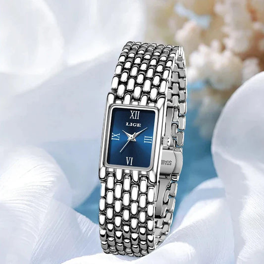 LIGE New Design Ladies Watch Fashion Quartz Wristwatch Silver Simple Square Women Watches Luxury Stainless Steel Folding Clock