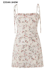French style Summer Light Pink Flower Print Wood ears Slash Collar Mini Dress