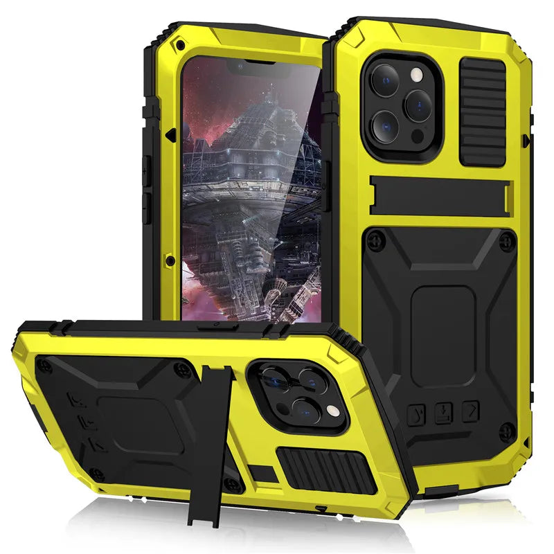Full-Body Rugged Armor Shockproof Protective Case for iPhone 14 13 12 11 Pro Max Mini 14 Plus Kickstand Aluminum Metal Cover