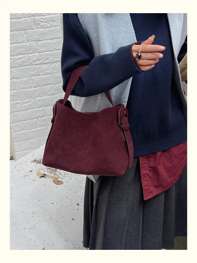 Designer Winter Matte Maroon Color Top Handle Bucket Tote Large Suede
