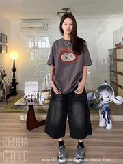 Retro Y2k Baggy Jorts Women Men Whiskers Black Jeans