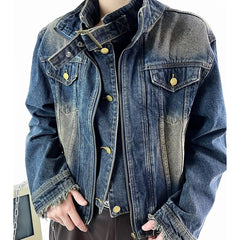 High Street Raw Edge Design Denim Jacket Man Woman Hip Hop Retro Wash Cargo Coats