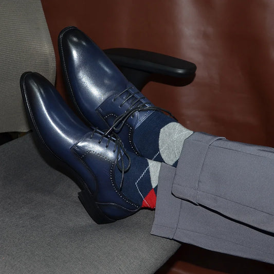 Luxury Original Derby Mens Dress Shoes Blue Real Leather Lace Up Plain Pointy