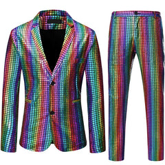 Mens Stage Prom Suits Shiny Rainbow Plaid Sequin Jacket Pants