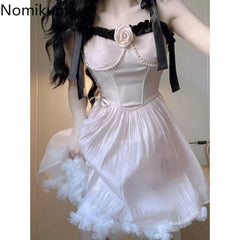 Sweet Dresses for Women Lace Up Bow Sling Robe Femme Beading