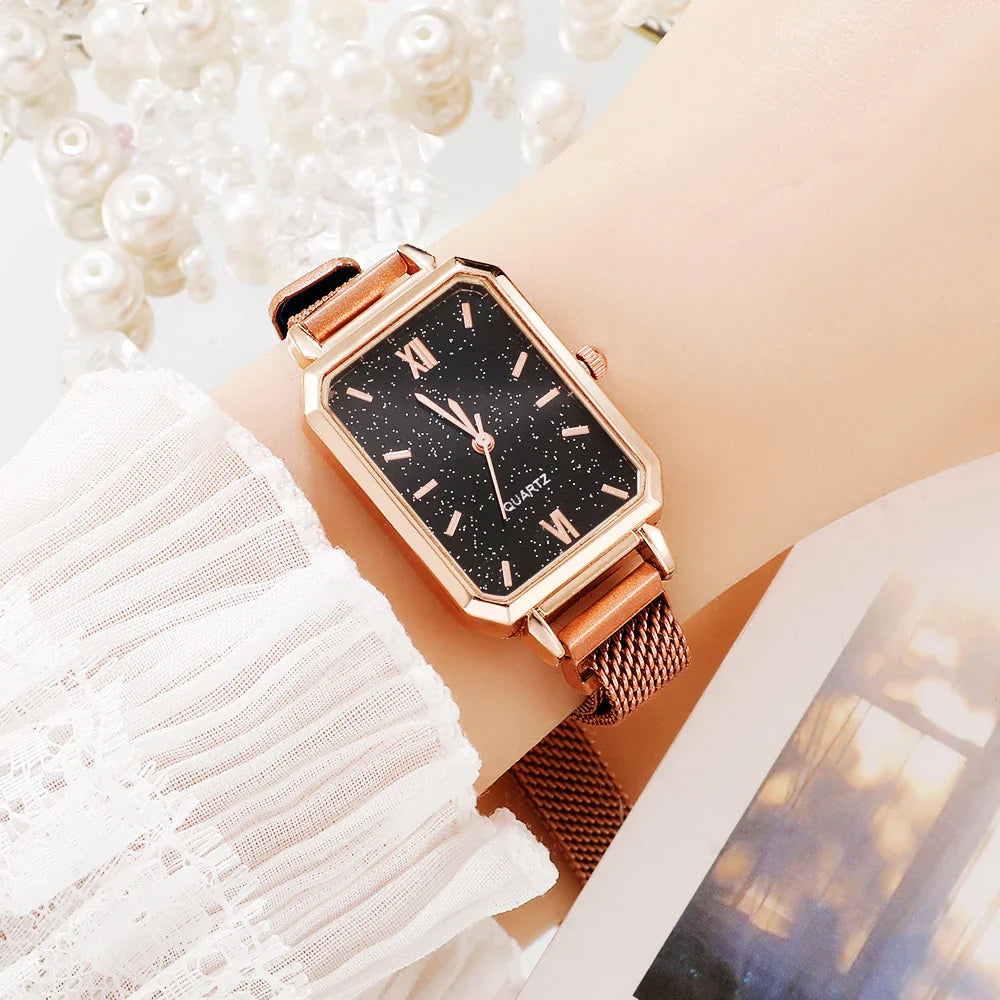 Women Watches Fashion Square Ladies Quartz Watch Bracelet Set Green Dial Simple Rose Gold Mesh Luxury Women Watches