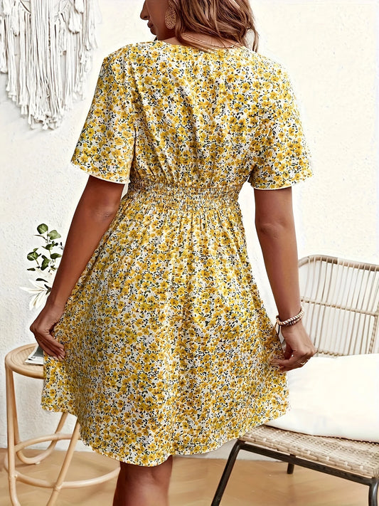 Plus Size Women's V-neck Printed Fragmented Flower Casual Dress