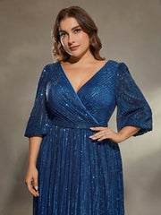Mgiacy plus size V-neck bust pleated mid-long sleeve A-frame sequin long dress