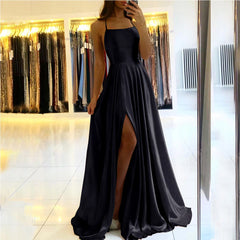 Homecoming Dresses: Ladies Black A-line Long Satin Evening Dresses For Women