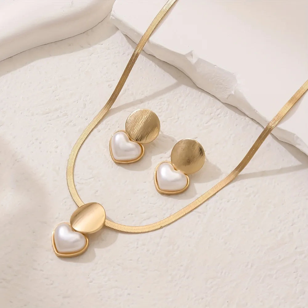 2pcs Set Minimalist Creative Gold Color Circular Heart-shaped Pendant Snake Bone Chain Necklace Earrings for Women Jewelry Sets