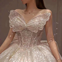 White Bridesmaid Dresses: Neck Lace Up Back Super Shiny Ball Gown Wedding Dress