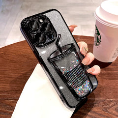 Bling Case For iPhone 16 15 14 13 12 Pro Max 15Pro 14Pro Lovely Clear Transparent Straw Cup Cover Insert Glitter Paper