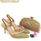 Matching Shoes and Bags: Pointed Toe Ladies Sandal Shoes Matching Bag Set in Gold