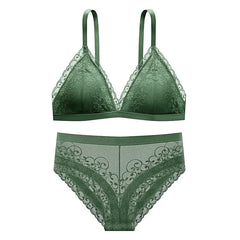 Women Lace Bra Set Deep V Bralette Low Waist Panties Seamless Underwear