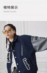 Letter Embroidery Bomber Jacket Men Women Autumn Winter Leather Sleeves