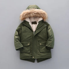 Winter Boys Jacket Windbreaker Keep Warm Thicken Fur Collar Girls Coat Hooded Children