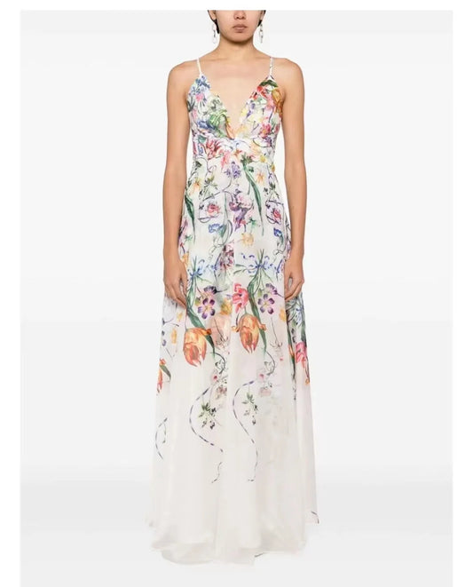 Evening Dresses: Sling Deep V Lace Embroidered Long Dress for Hosting Performance