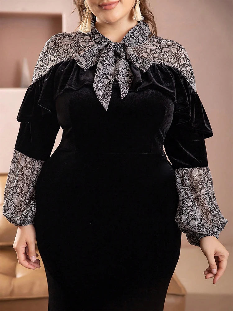Women Plus Size Maxi Dresses Black Ladies Stand Collar Fishtail Dress