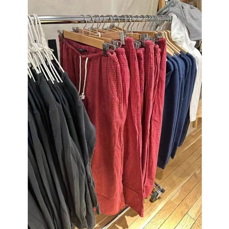 Sweet Women Red Pocket Pants 2024 Fashion Summer Ladies Red Plaid Sweatpants