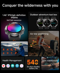 Outdoor Military Smart Watch Men Built-in GPS 1.46" AMOLED Compass Altimeter BT Call 3ATM Waterproof Clock LED Sports Smartwatch