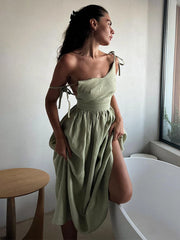 Backless Beach Dress For Women V Neck Splice Folds Long Dresses