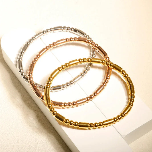 Bamboo Beads Punk Gold Plated Bangle for Women Men Trendy Stainless Steel Metal Bracelets Geometric Round Bead Jewelry Accessory