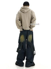 Belt Deconstructed Baggy Jeans Men Vintage Wash Destroyed Frayed