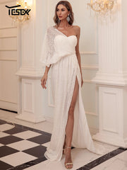 Evening Dresses: Women Elegant Evening Dresses Maxi One Shoulder Sequins