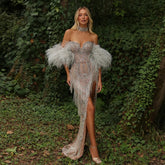 Homecoming Dresses: Tassel Feather Silver Nude Mermaid Evening Dress