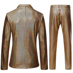 Mens Stage Prom Suits Shiny Rainbow Plaid Sequin Jacket Pants