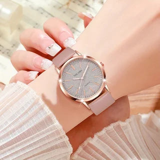 2PCS/Set Women's Watch Shiny Fashion PU Leather Analog Quartz Watches Rose Flower Bracelet